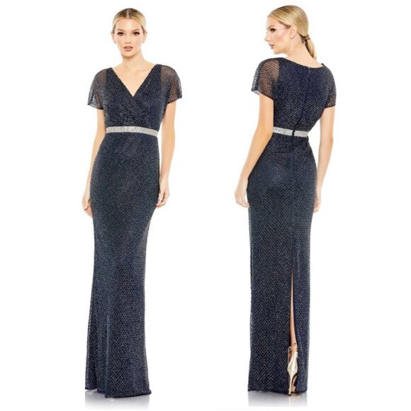 MAC DUGGAL Beaded Butterfly Sleeve Column Gown in Midnight Size US 6 NWT - Picture 1 of 12